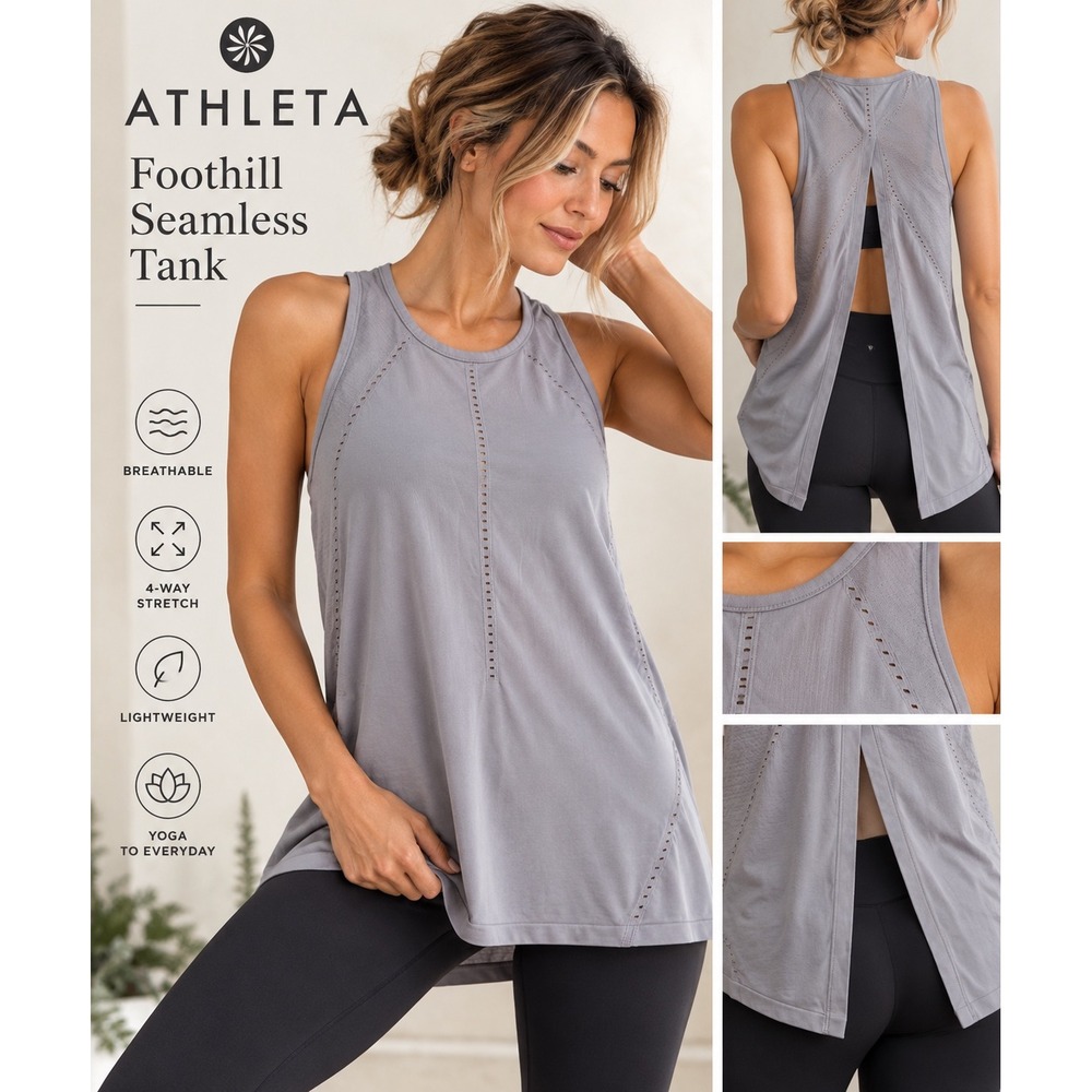 Athleta Foothill Seamless Tank L Gray Split Back Mesh Yoga Workout Top
